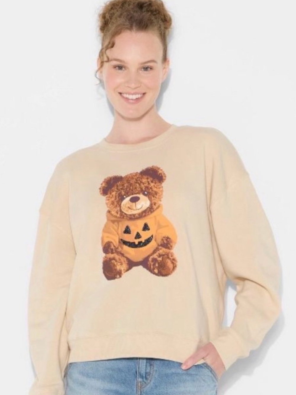 Grayson Threads Cream Sweatshirt with Teddy Pumpkin Print